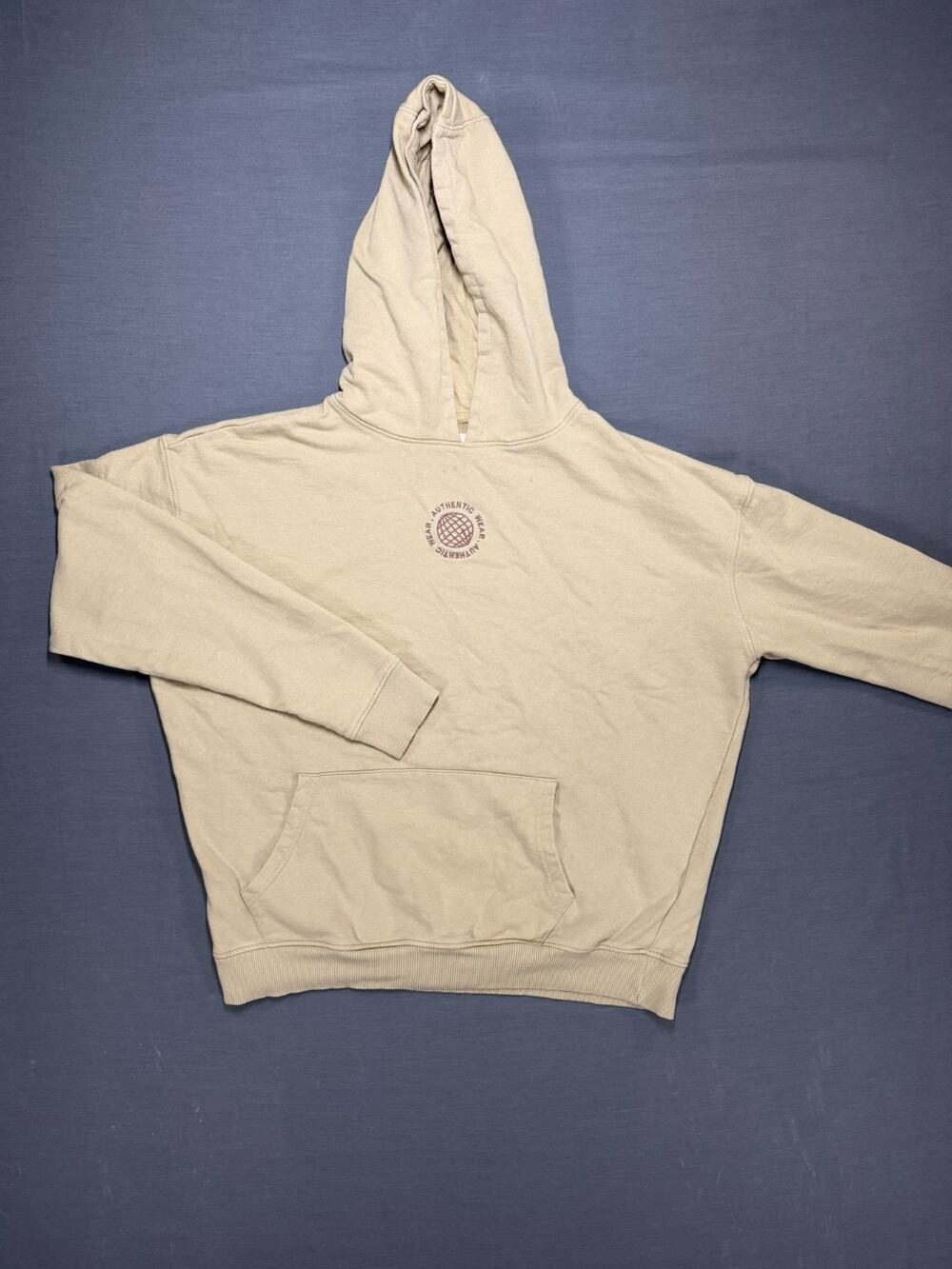 Prime Essentials Men’s L Tan Authentic Wear Back Graphic Hoodie 100% Cotton